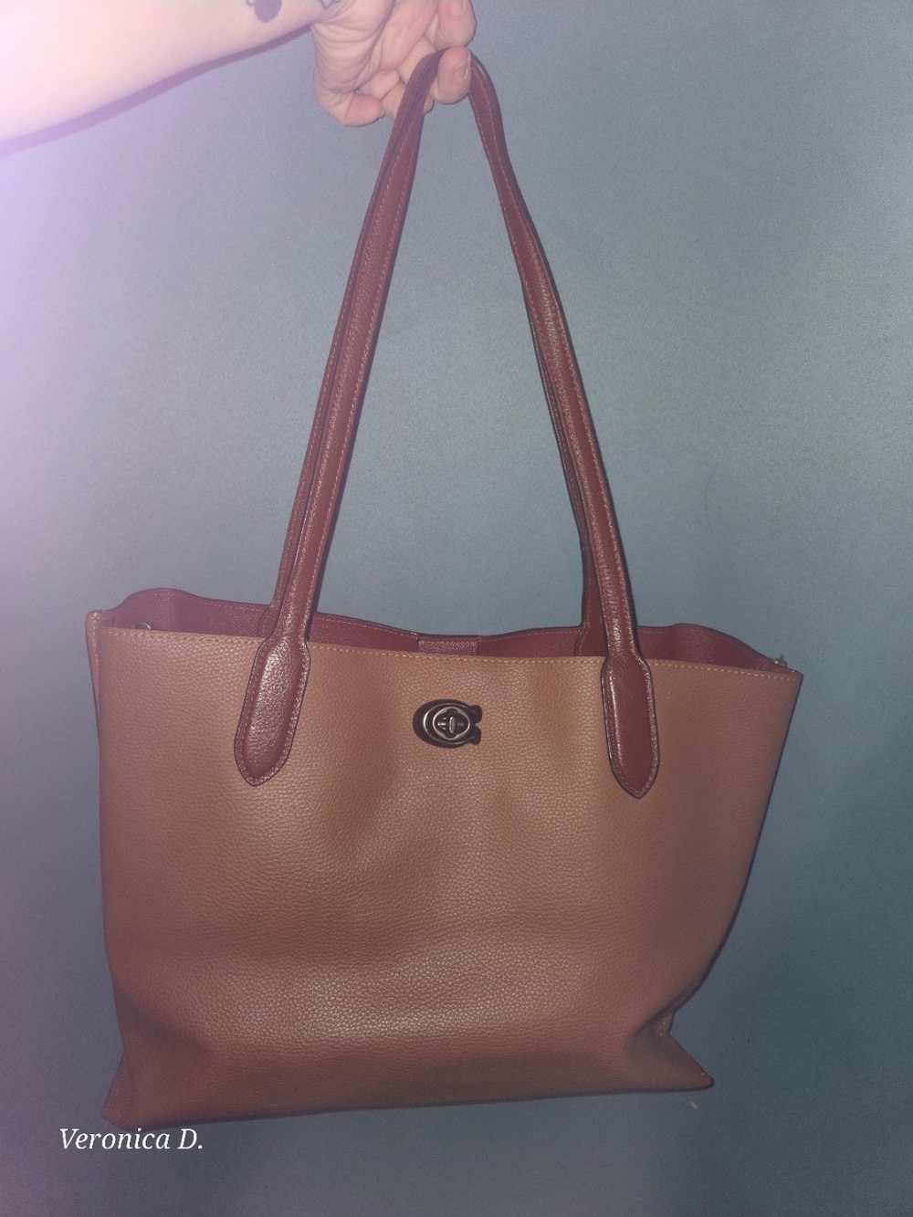Coach Willow Tote in Pebble Leather – Tan/Rust Color Block